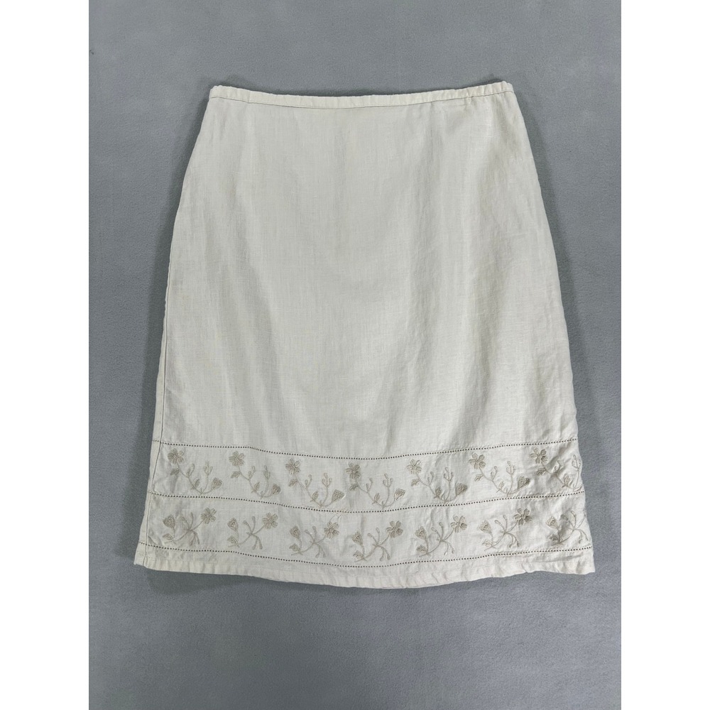Vintage Old Navy 100% Linen Embroidered Midi Skirt Cream Floral 90s Cottagecore